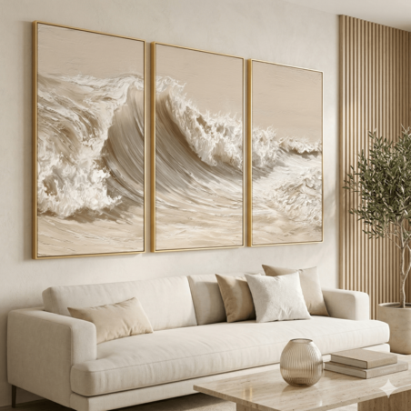 תמונות קנבס לחדר שינה עם גלים רכים בגווני חול