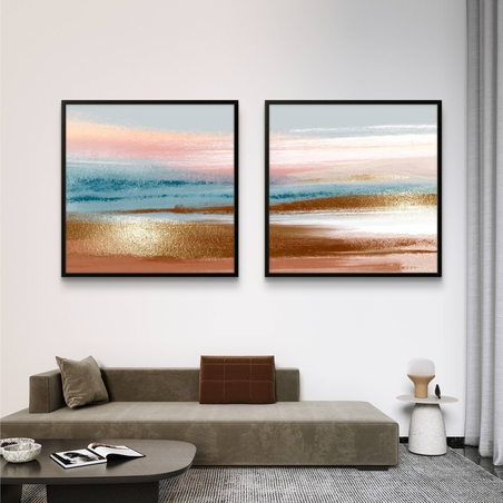 זוג תמונות קנבס מרובעות בגווני פסטל עדינים המדמים שקיעה רגועה – תכשיט לבית