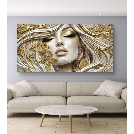 תמונת זכוכית של פורטרט נשי מוקף עיטורי עלים זהובים וטקסטורות אלגנטיות - עיצוב יוקרתי מבית 