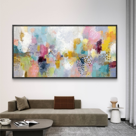 תמונת קנבס לרוחב בצבעים עזים בסגנון אבסטרקט, עם אלמנטים גאומטריים – מקולקציית תכשיט לבית