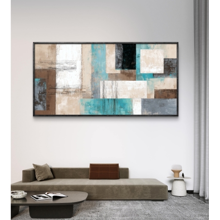 תמונת קנבס לרוחב – קומפוזיציה גאומטרית מופשטת בגווני טורקיז, בז’, חום ואפור, בהדפסה חלקה ואיכותית מבית תכשיט לבית.