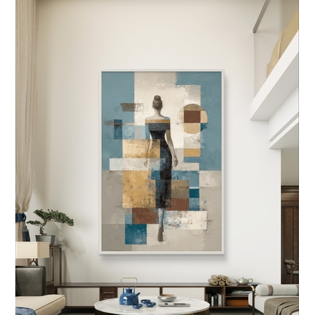 תמונת קנבס של דמות נשית מאחור בסגנון אבסטרקט גאומטרי בגוונים רגועים