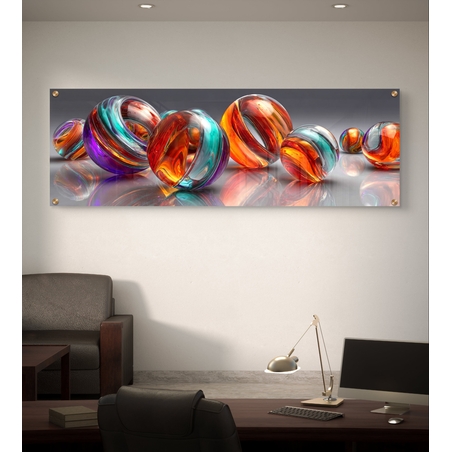 תמונת זכוכית פנורמית אבסטרקטית עם אלמנטים צבעוניים מבריקים בגווני כתום, טורקיז וסגול בעיצוב מודרני ויוקרתי