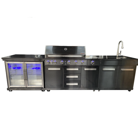 מטבח חוץ Volcan 7 Black – מטבח גינה יוקרתי מנירוסטה שחורה עם גריל 6 מבערים, מקרר וכיור