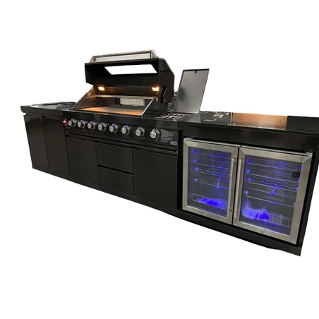 מטבח חוץ Volcan 8 Premium Black – מטבח גינה יוקרתי מנירוסטה שחורה עם גריל 6 מבערים, מקרר כפול וכיור