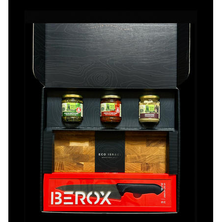 מארז לחג – בוצ'ר עץ אלון + סכין שף Berox
