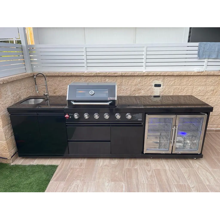 מטבח חוץ Volcan 5 Premium Black – מטבח גינה יוקרתי מנירוסטה שחורה עם גריל, מקרר וכיור