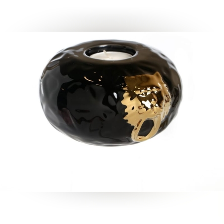 מעמד קרמיקה עגול לנר שחור אריה זהב 