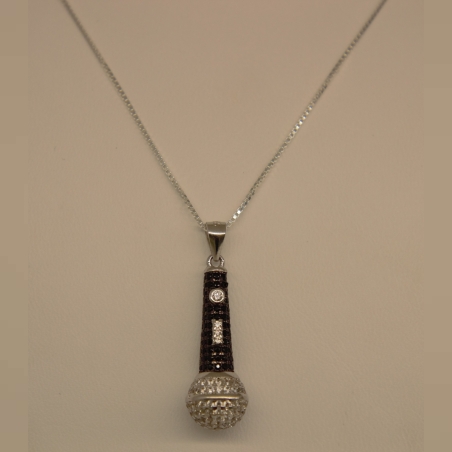 תליון כסף 925 מיקרופון משובץ זרקונים שחורים ואפורים
