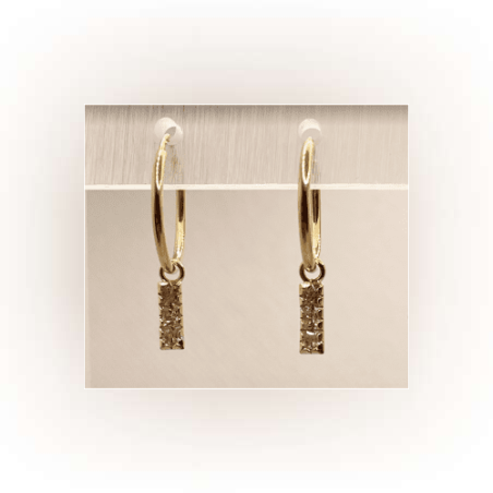 14K gold hoop with a hanging element of a band inlaid with 3 zircon stones