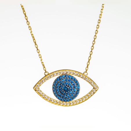 שרשרת העין הטובה - זהב 14K שיבוץ זרקונים כחולים