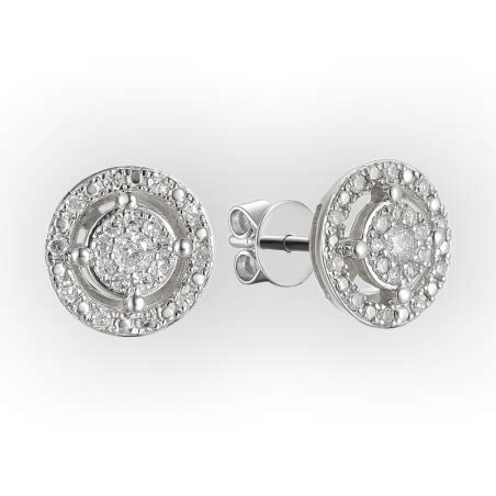 עגילי זהב לבן 14K עגולים שיבוץ יהלומים צמודים