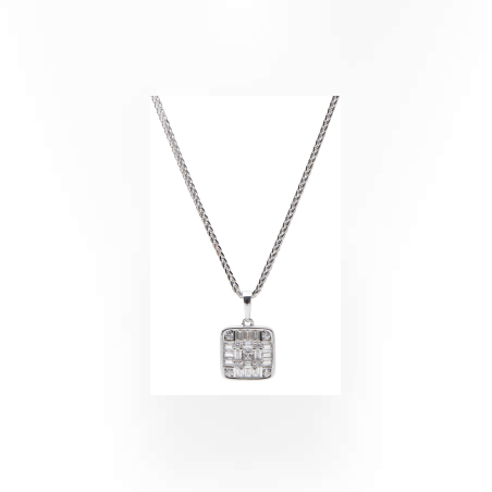 תליון זהב לבן 14K ריבוע שיבוץ באגטים