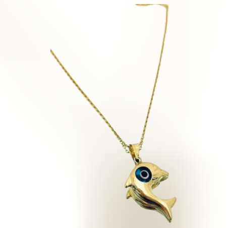 תליון דולפין עם עין כחולה - זהב 14K