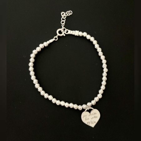 צמיד כסף כדורים חיתוך לייזר עם תליון לב בחריטה אישית