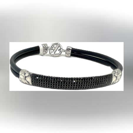 צמיד זהב לבן 14K משובץ זרקונים שחורים ומשולב בסיליקון שחור