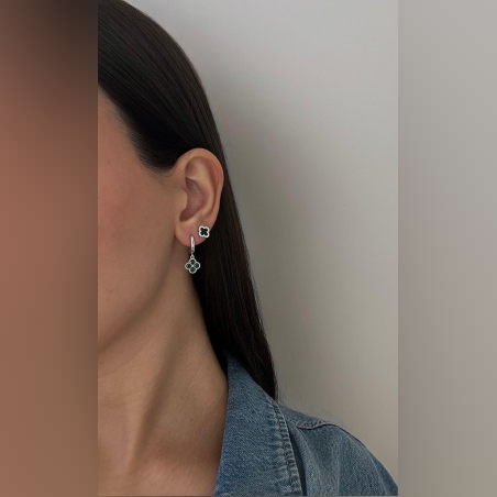 Silver clover dangling earrings set with a colorful stone in the Van Cleef style