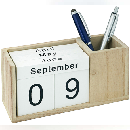 מעמד קלנדרי - תאריכון קוביות עץ טבעי עם כוס לעטים