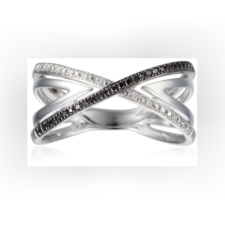 טבעת זהב לבן 14K איקסים יהלומים שחור לבן