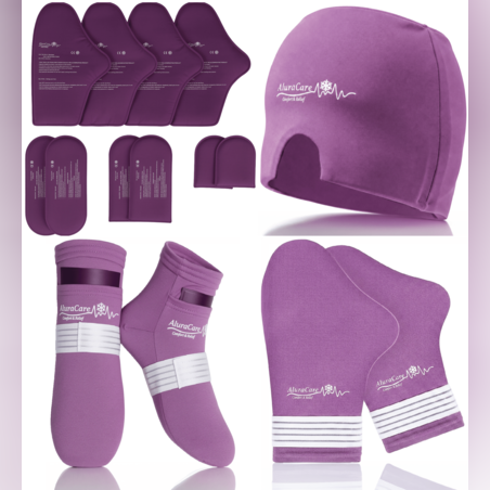 AluraCare Cold Therapy Glove And Sock Set with Cooling Cap for Chemotherapy Patients – Reusable Gel Ice Packs for Gloves & Socks, Cooling Cap for Migraine, Size : Large  , סט כפפות וגרביים לטיפול בקור של AluraCare עם כובע קירור לחולי כימותרפיה - שקיות קרח