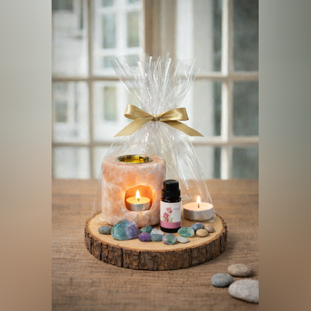 מארז מתנה – פמוט מלח הימלאיה ומבער עץ עם שמן