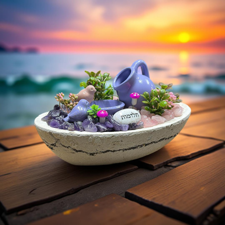 מזרקה אובלית סירה מעורבת אמטיסט ורוז קוורץ