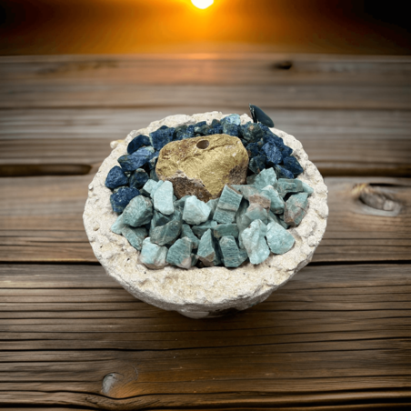 מזרקת גלם בינונית בשילוב אבני קריסטל בלו אפטייט ו אמזונייט