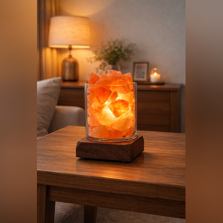 מנורת מלח זכוכית בשילוב בסיס עץ