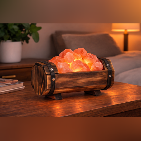 מנורת מלח בכלי עץ חבית