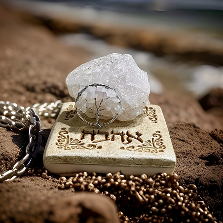 אבן קריסטל רוז קוורץ לשנה של אהבה בשילוב עץ החיים