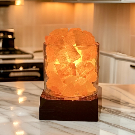 מנורת מלח זכוכית בשילוב בסיס עץ