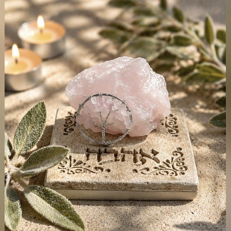 אבן קריסטל רוז קוורץ לשנה של אהבה בשילוב עץ החיים