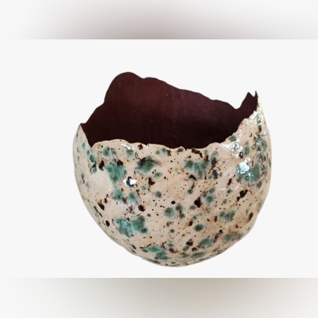 קערית נוי מחימר קרם ירוק וחלודה