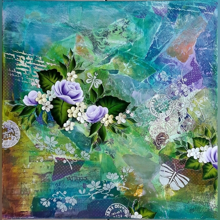 מיקס מדיה על קנבס שילוב של נייר וציור