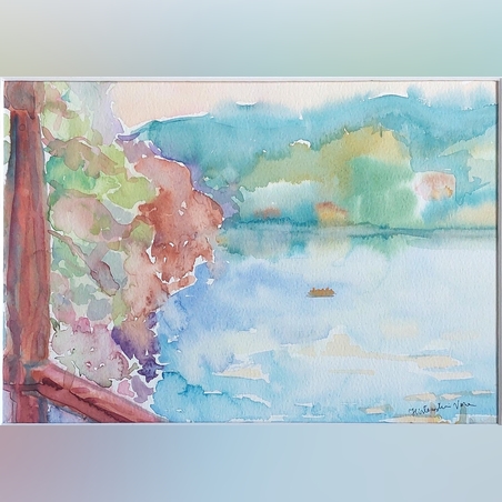 אקוורל של אגם עם מעקה באוסטריה