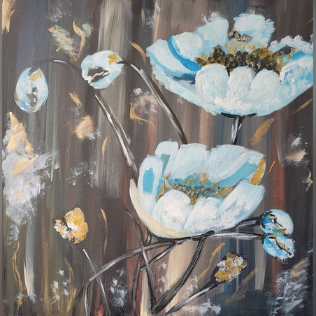 ציור אקריל על קנבס -פרחים כחולים