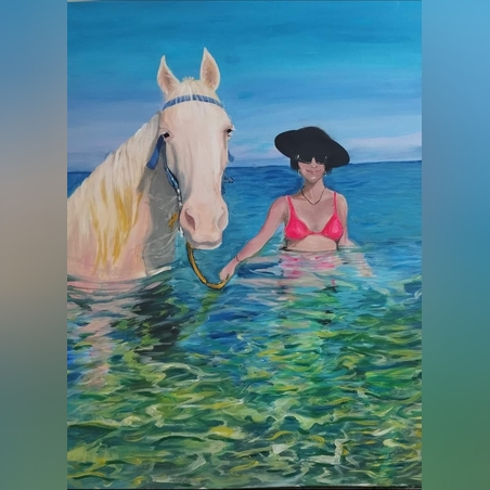 אישה וסוס בים­ אקריליק על קנבס