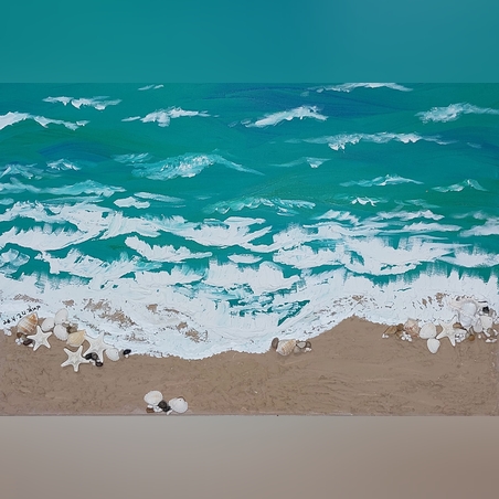 קפיצה קטנה לים- אקריל בשילוב חול וצדפות על קנבס