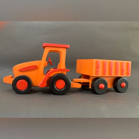 טרקטור עם עגלה מעץ בעבודת יד כתום ואדום