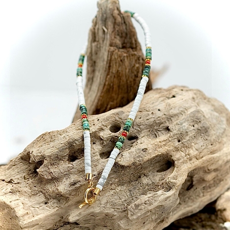 שרשרת סמדר- מחרוזי טורקיז אפריקאי ולבן וקורל אדום