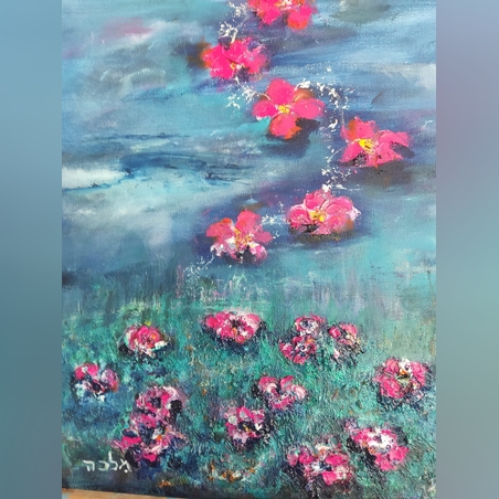 פרחי העוטף עפים מעלה מעלה ציור שמן על קנבס