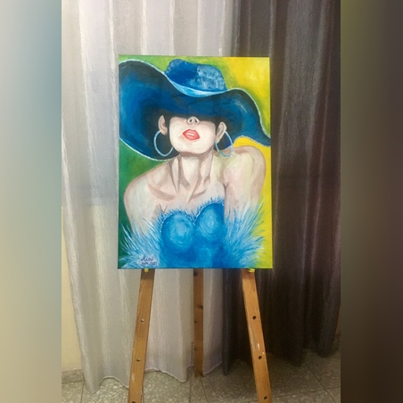 האישה במצנפת הכחולה טכניקה מעורבת על קנבס