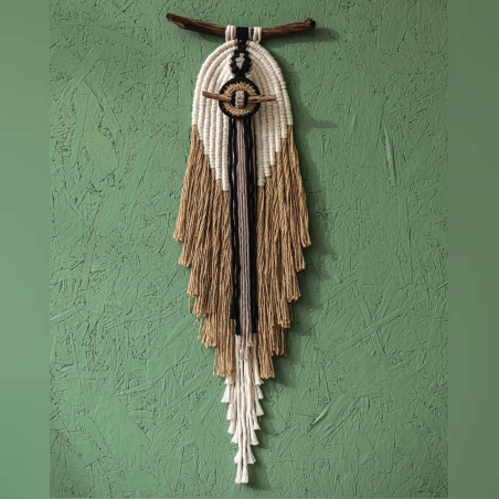 יצירת מקרמה לקיר בסגנון שבטי עשויה חוטי כותנה ופשתן בשילוב ענפי עץ