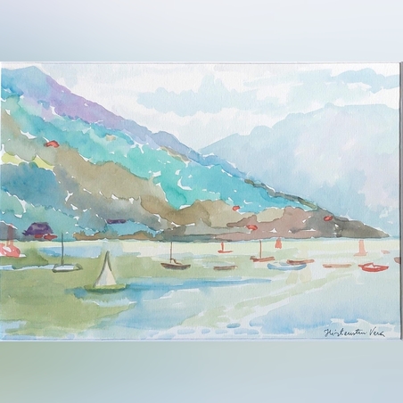 אקוורל של אגם באוסטריה