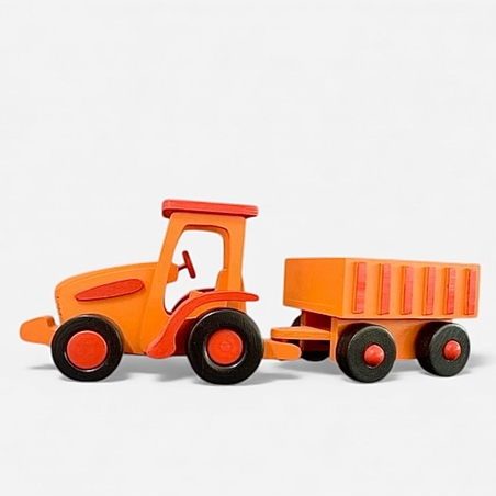 טרקטור עם עגלה מעץ בעבודת יד כתום ואדום