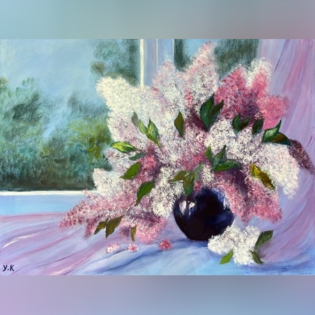 פרחי לילך על החלון - ציור שמן על קנבס