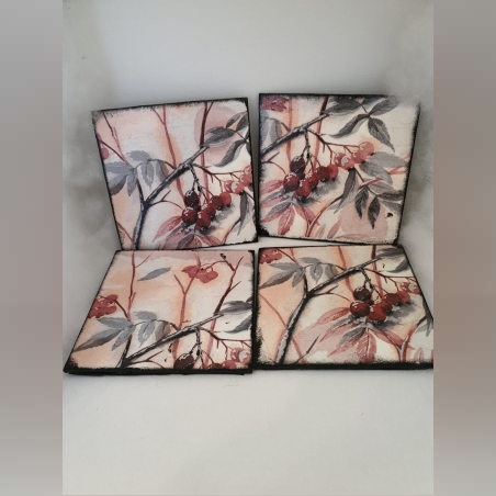 סט 4 תחתיות לכוסות מעץ מעוצבות בדקופאז'- רומנטיקה פרחונית