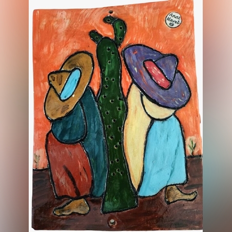 2 מקסיקנים וקקטוס. תמונה מחימר בעבודת יד