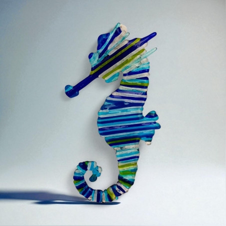 סוס ים מזכוכית בגווני כחול ושקוף בעבודת יד