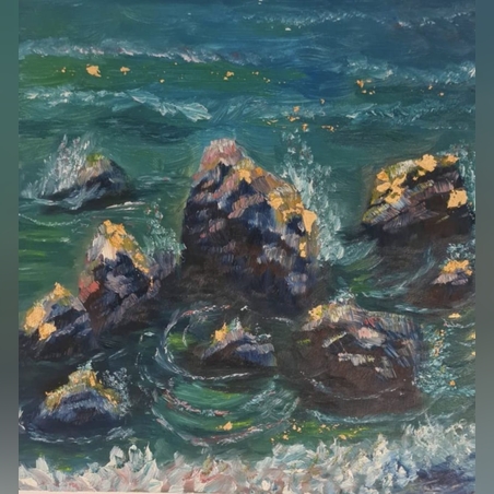 גלים מתנפצים על סלעים-שמן על קנבס